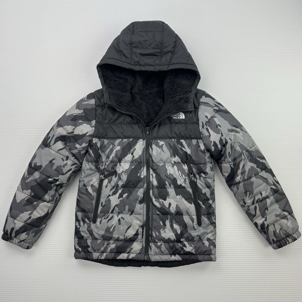 The North Face Boys Reversible Puffer Jacket M 10/12 Camo Sherpa Fleece Hooded